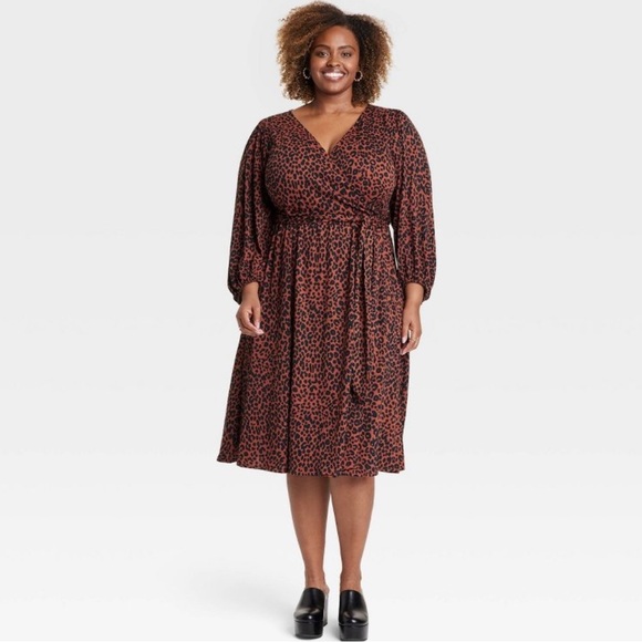 Ava & Viv Dresses & Skirts - AVA & VIV Balloon Long Sleeve Knit V-Neck Faux Wrap Midi Dress Leopard Print 1X